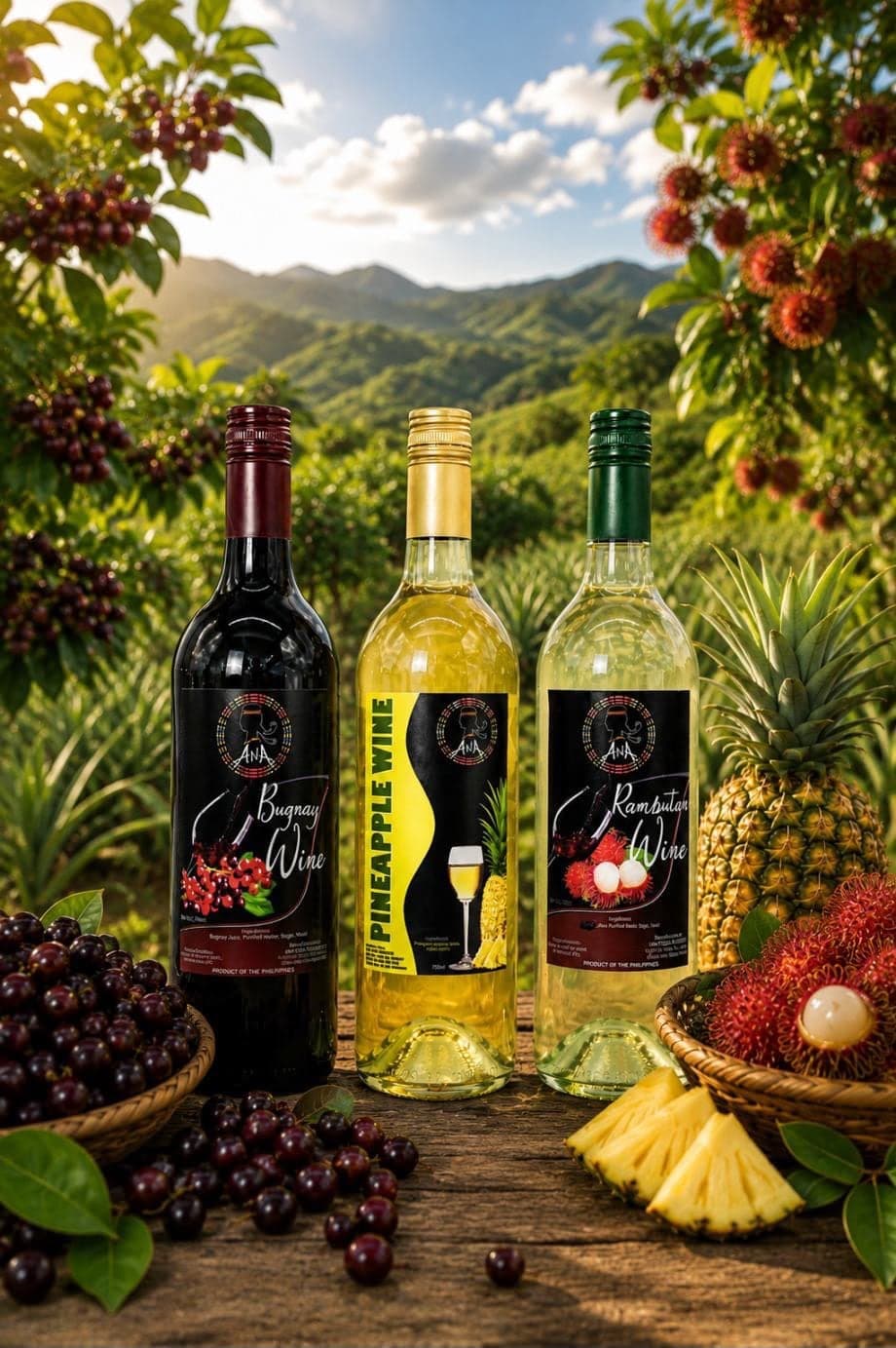 ANA Bugnay, Pineapple and Rambutan wines on a wooden table among fruit trees and mountains