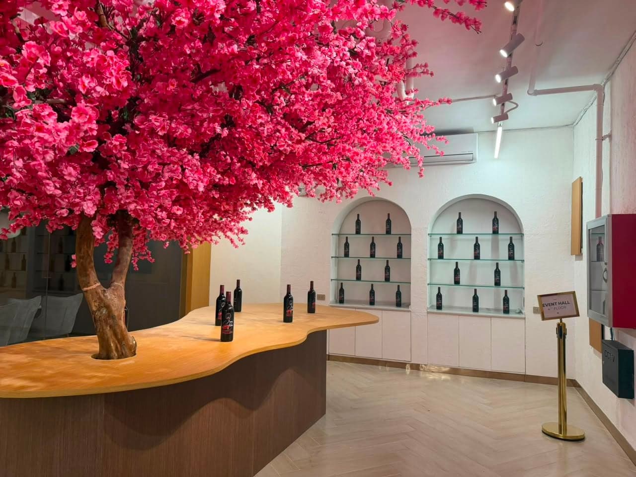 ANA tasting room with a blossoming tree over a wooden counter and bottles in arched shelves