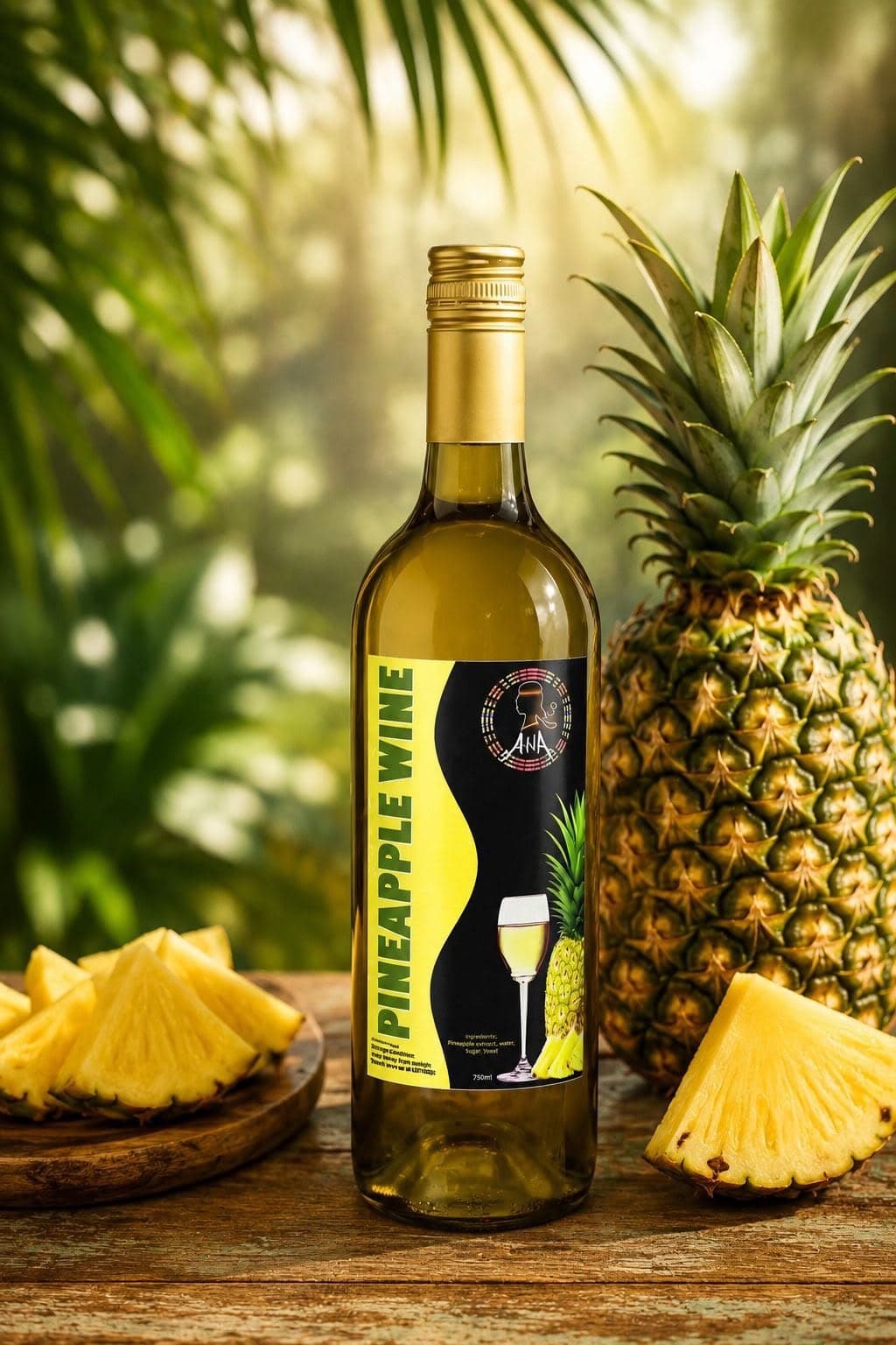Bottle of ANA Pineapple Wine beside a whole pineapple under palm leaves